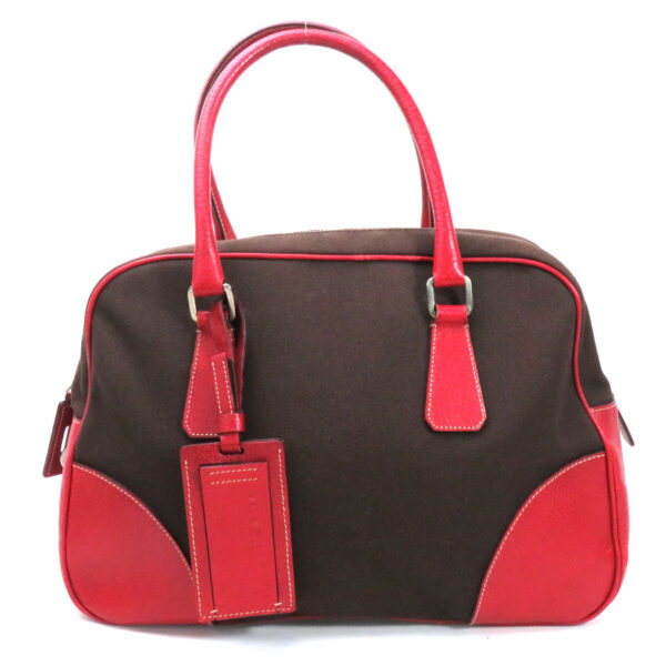 y15724a Prada Leather Canvas Handbag Red Brown