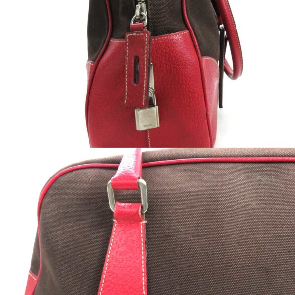 y15724a 3 Prada Leather Canvas Handbag Red Brown