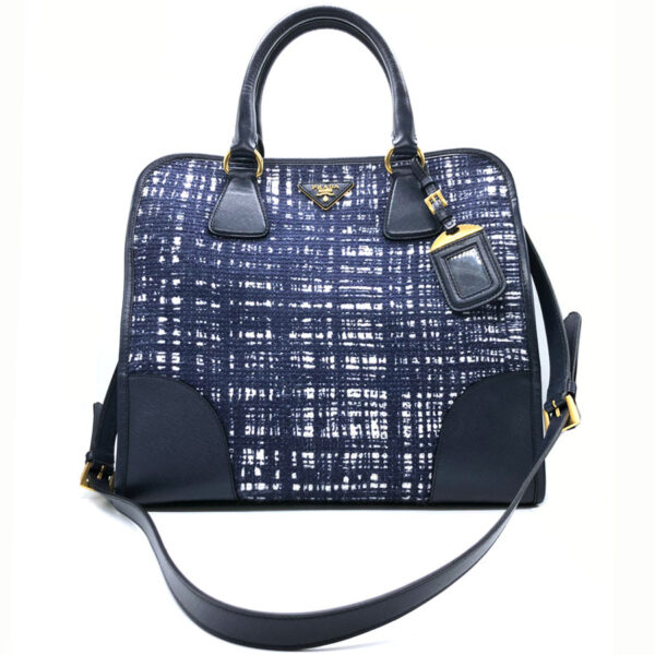 z0014 1 Prada Shoulder Bag Tweed Leather Blue White