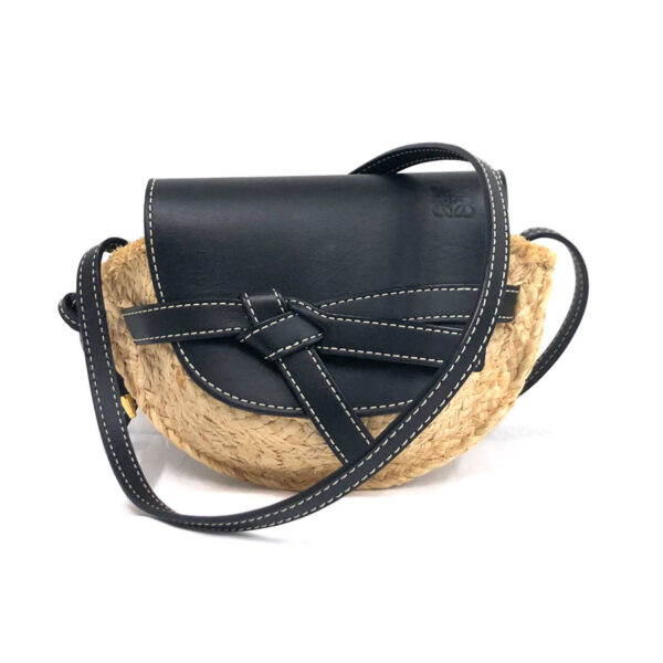 z0039 1 Loewe Mini Gate Leather Raffia Crossbody Shoulder Bag Black