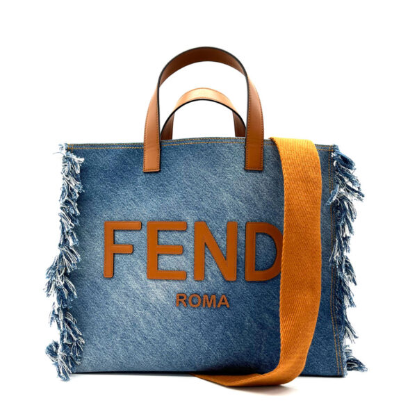 z0179 1 Fendi Denim Shoulder Bag Leather Blue Brown