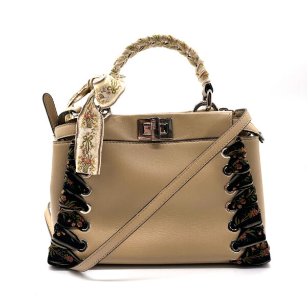 z0181 1 Fendi Mini Peekaboo Crossbody Shoulder Bag Leather Beige