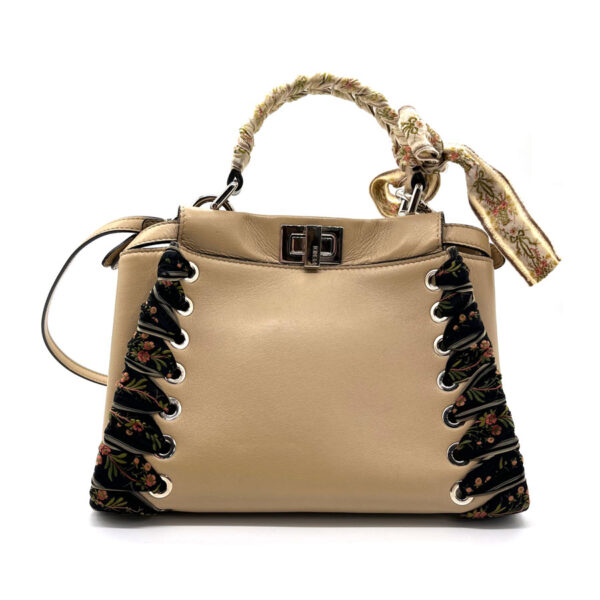 z0181 2 Fendi Mini Peekaboo Crossbody Shoulder Bag Leather Beige