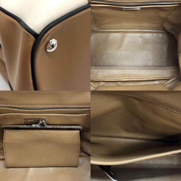 z0208 5 c Prada Leather Handbag Camel Black Ivory