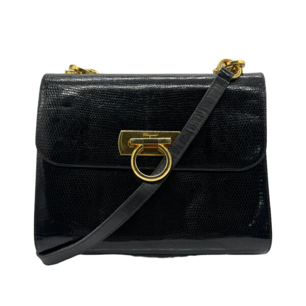 z0349 1 Salvatore Ferragamo Gancini Embossed Leather Crossbody Shoulder Bag Black