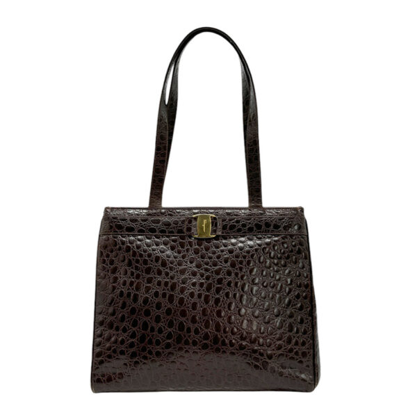 z0687 1 Salvatore Ferragamo Embossed Leather Shoulder Bag Brown