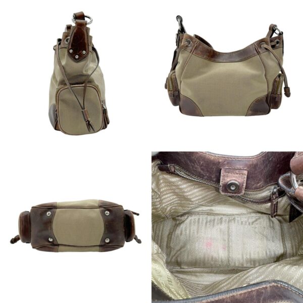 z0696 2 c Prada Shoulder Bag Canvas Leather Brown