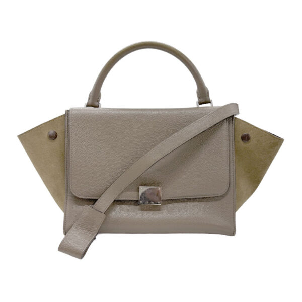 z0869 1 Celine Trapeze Shoulder Bag Leather Suede Khaki Gray