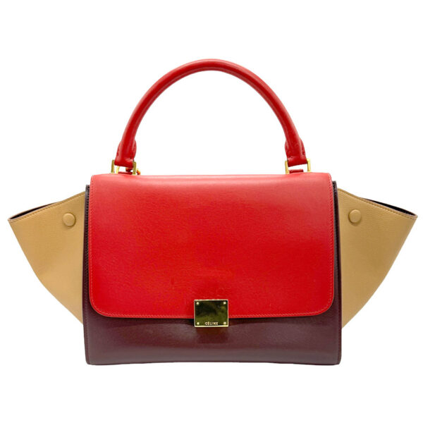 z0956 1 Celine Trapeze Shoulder Bag Leather Red Bordeaux Camel