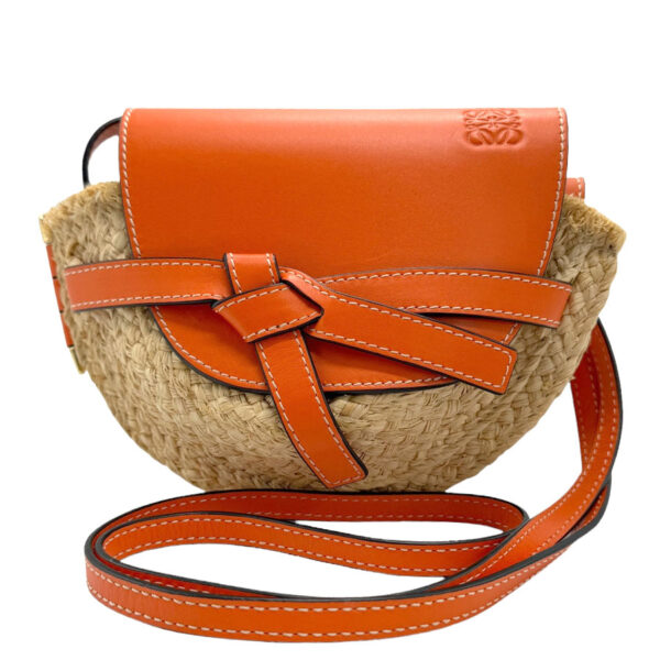 z1067 1 Loewe Gate Mini Straw Leather Crossbody Shoulder Bag Beige Orange