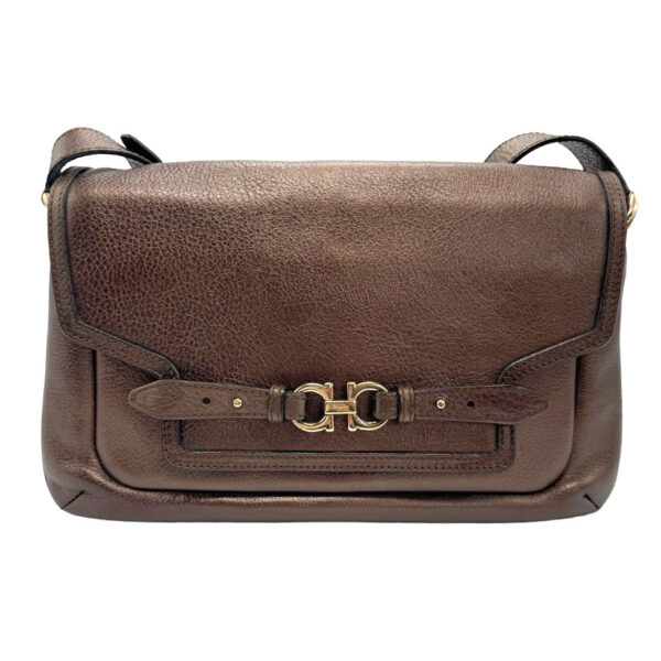 z1168 1 Salvatore Ferragamo Gancini Leather Shoulder Bag Bronze