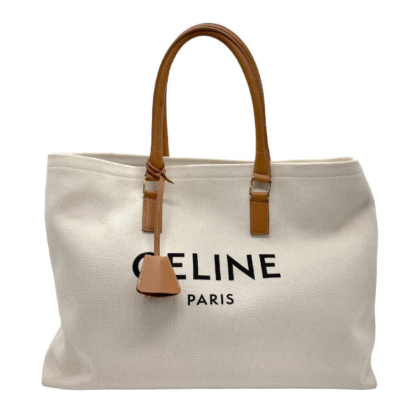 z1710 1 Celine Horizontal Hippo Shoulder Bag Canvas Leather White Brown