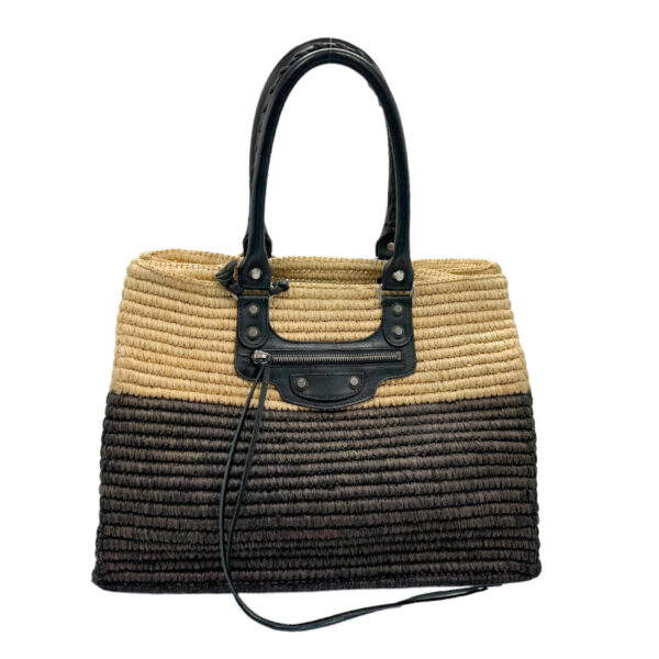 z1758 1 Balenciaga Tote Bag Raffia Leather Beige Brown Black