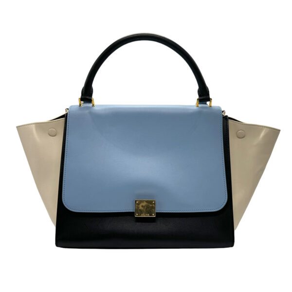 z1791 1 Celine Trapeze Shoulder Bag Leather Black Blue Ivory