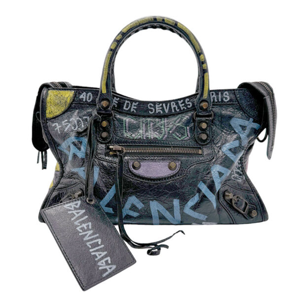 z1811 1 Balenciaga Graffiti Classic City Leather Shoulder Bag Black Multicolor