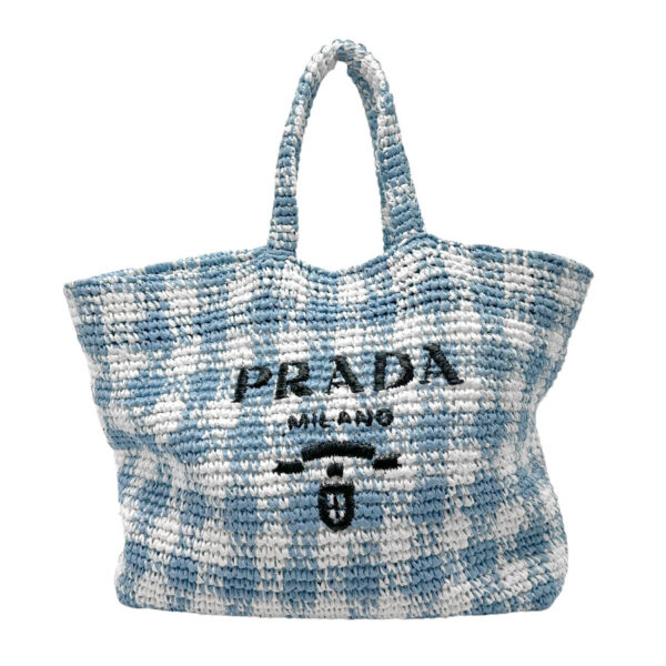 z2268 1 Prada Tote Bag Crochet Raffia Thread Blue White