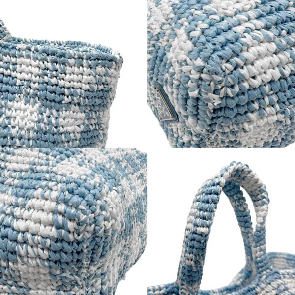 z2268 7 c Prada Tote Bag Crochet Raffia Thread Blue White