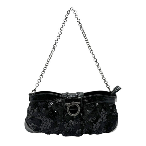 z2361 1 Salvatore Ferragamo Gancini Sequins Patent Leather Handbag Black