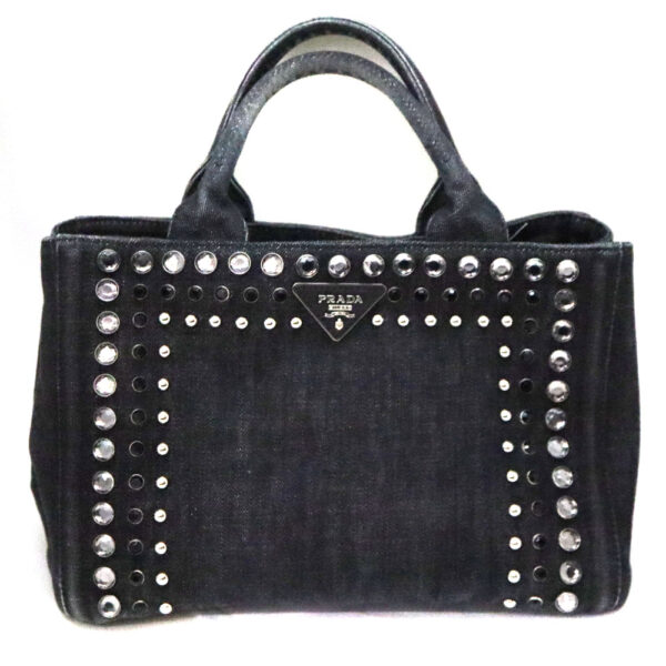 10330 1 Prada Canapa Tote 2WAY Bag Denim Bijou Studs Black