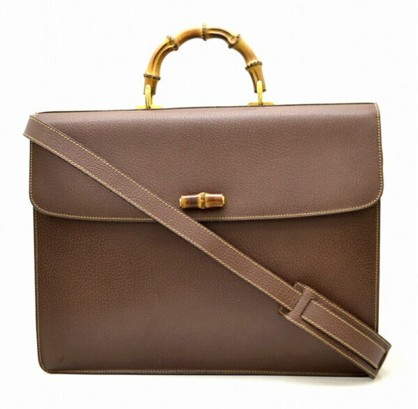 11471647 Gucci Bamboo Leather Business Bag Briefcase Brown