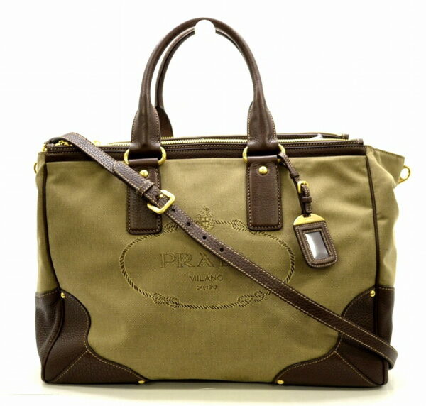 11480650 Prada Jacquard Canvas Leather Bag Khaki Brown