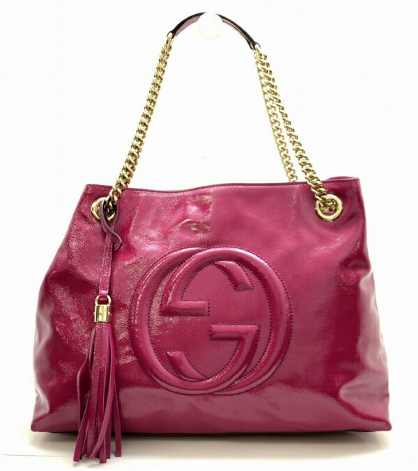 11481384 Gucci Soho Chain Shoulder Bag Tassel Fringe Patent Leather Fuchsia Pink