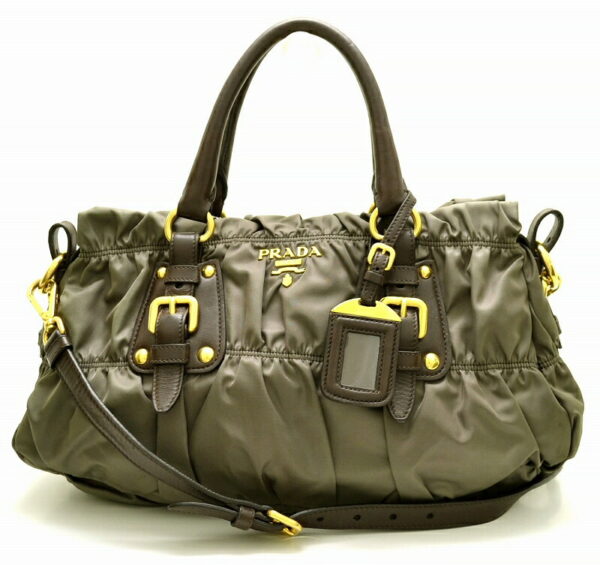 11491499 Prada Gathered Nylon Leather 2way Shoulder Bag Khaki Brown