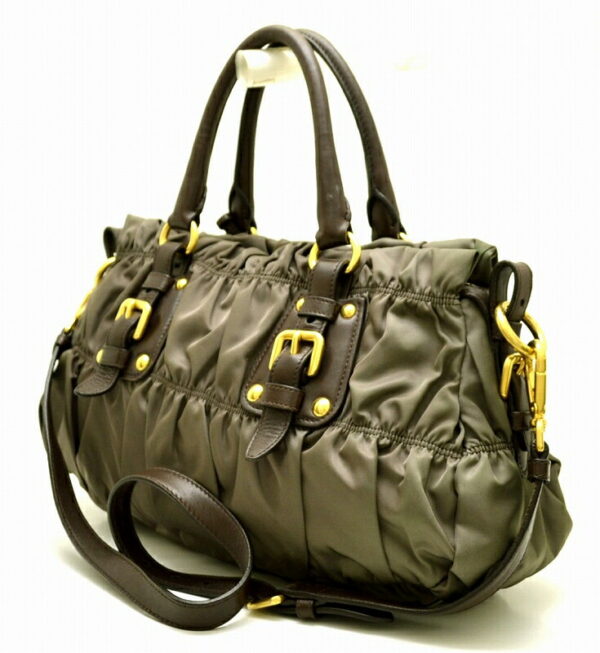 11491499 1 Prada Gathered Nylon Leather 2way Shoulder Bag Khaki Brown