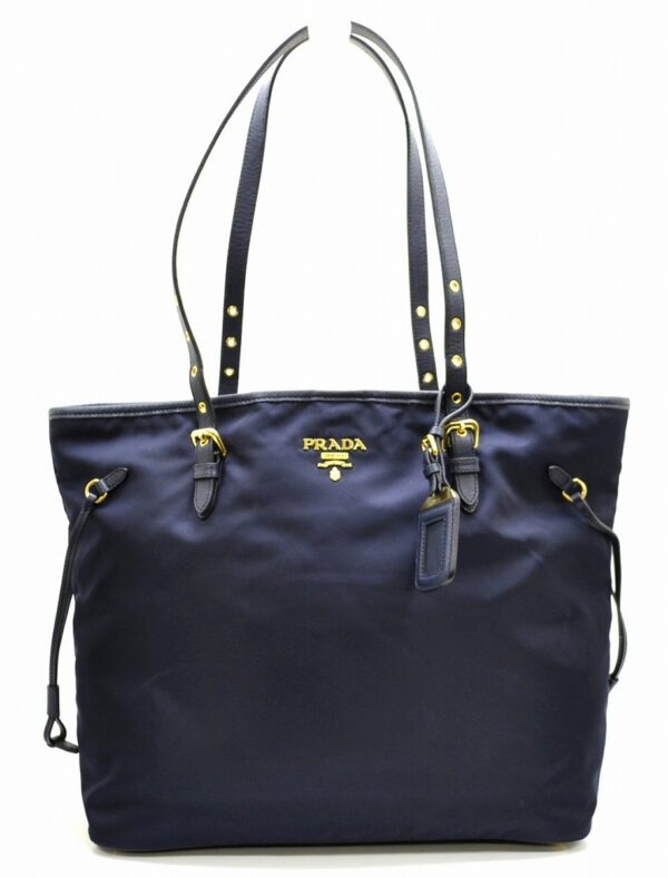 11530993 Prada Nylon Leather Shoulder Tote Bag Navy