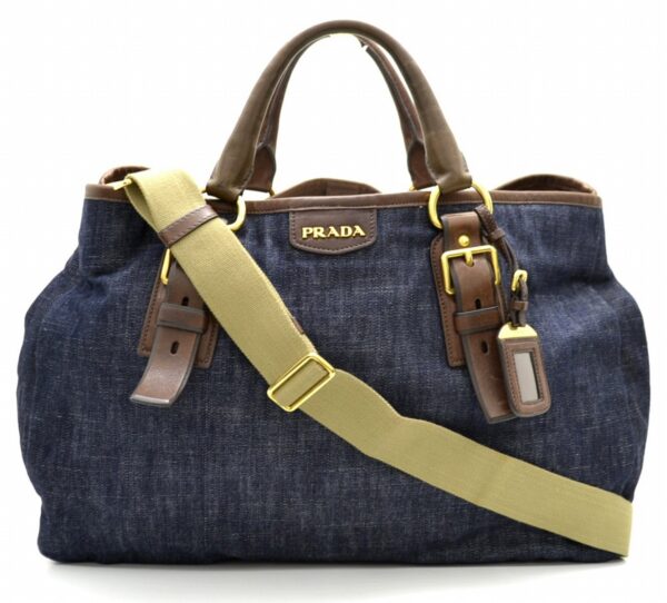 11540231 Prada Denim Leather 2way Tote Shoulder Bag Blue Brown