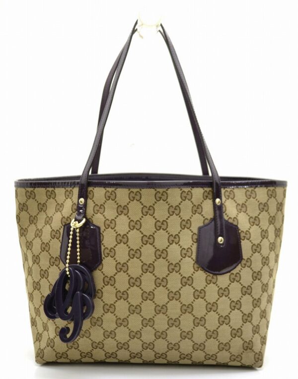 11541350 Gucci GG Canvas Tote Bag Shoulder Tote Charm Khaki Beige Purple