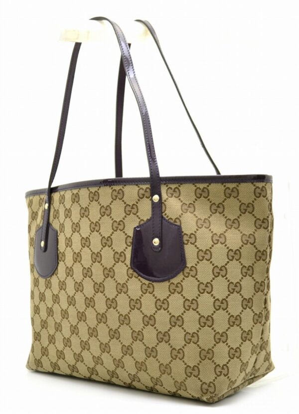 11541350 1 Gucci GG Canvas Tote Bag Shoulder Tote Charm Khaki Beige Purple