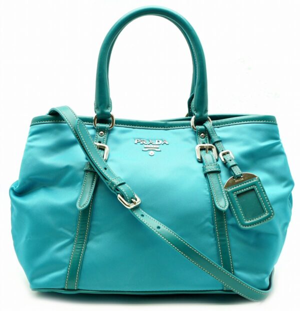 11551087 Prada Nylon Leather 2way Tote Shoulder Bag Turquoise