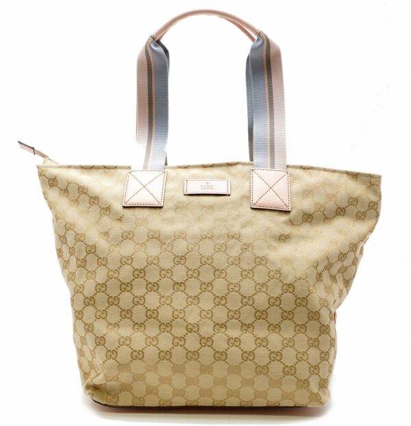 11560995 Gucci Webbing Line GG Tote Bag Leather Khaki Beige Pink