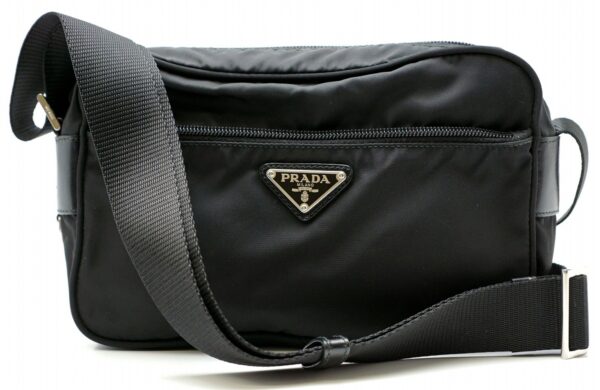 11561007 Prada Nylon Leather Shoulder Bag Black