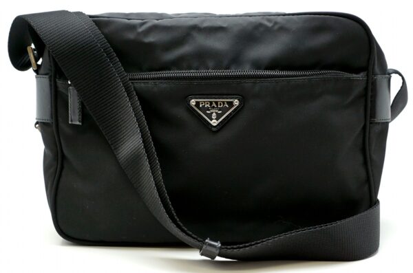 11561008 Prada Nylon Leather Crossbody Shoulder Bag Black