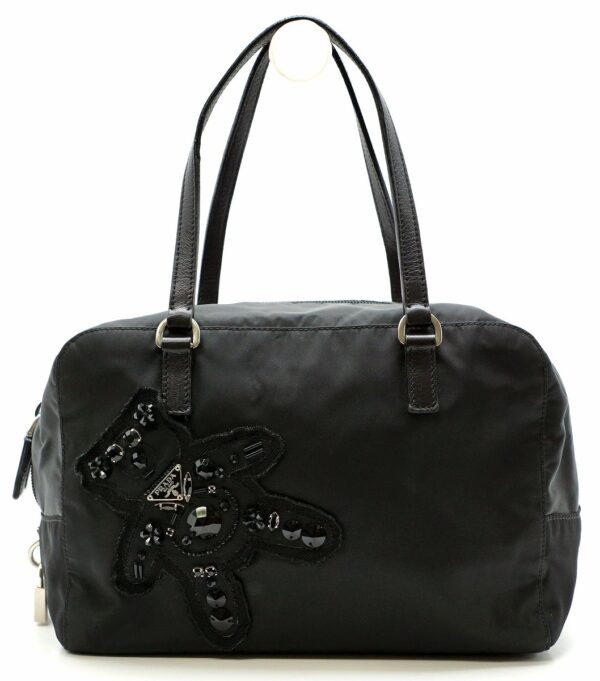 11561451 Prada Nylon Leather Bear Motif Handbag Black