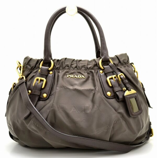 11561603 Prada Nylon Jacquard 2way Shoulder Handbag Khaki Brown