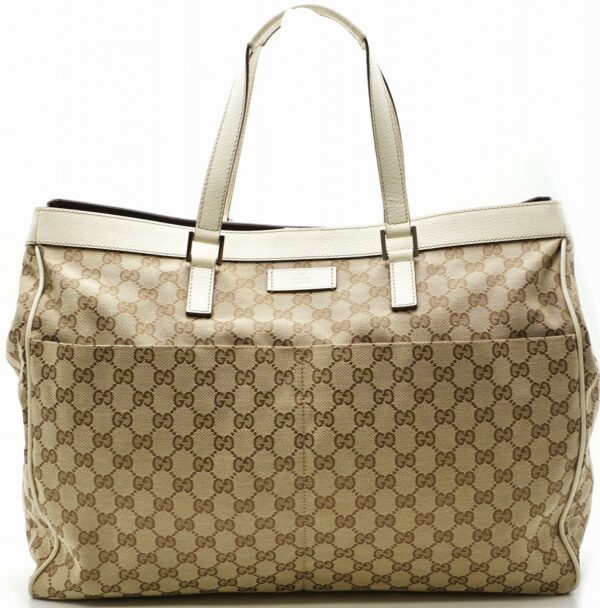 11570229 Gucci GG Tote Bag Leather Khaki Beige White