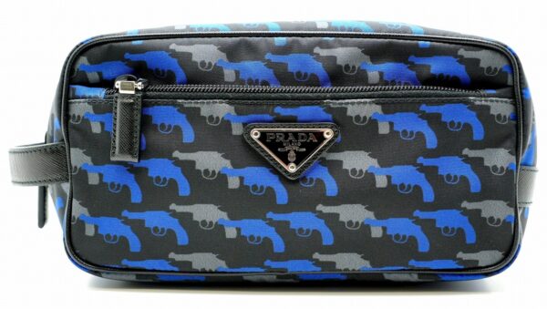 11570419 Prada Nylon Leather Pistol Motif Clutch Bag Blue