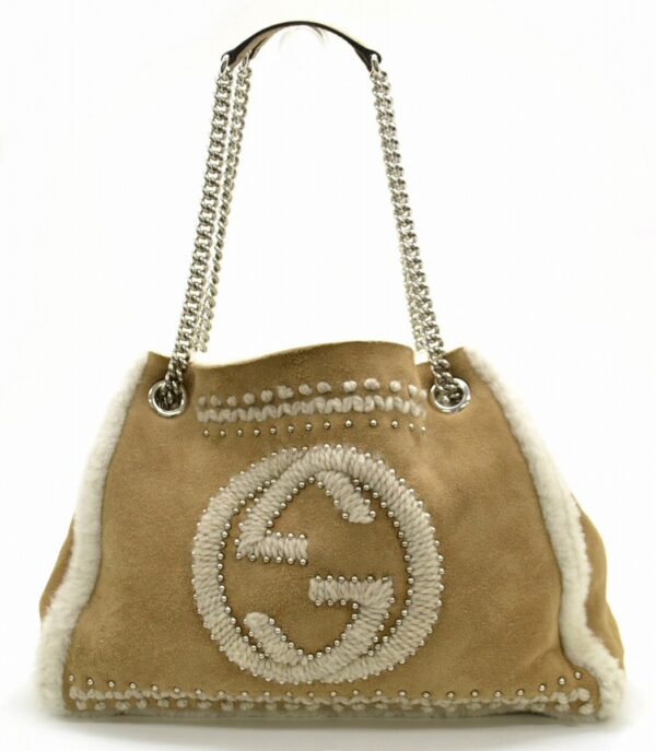 11570558 Gucci Soho Chain Tote Bag Shearling Brown Beige