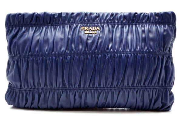 11580918 Prada Gathered Leather Clutch Bag Blue