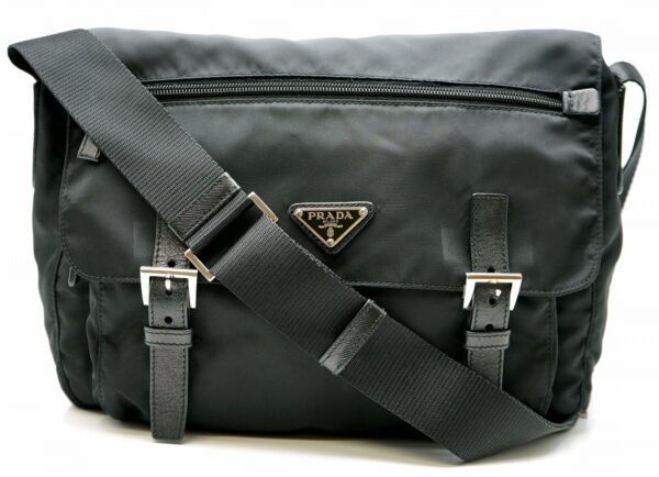 11590707 Prada Nylon Leather Diagonal Messenger Bag Black