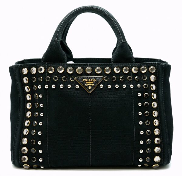 11590823 Prada Canapa Denim Studded Tote Handbag Black