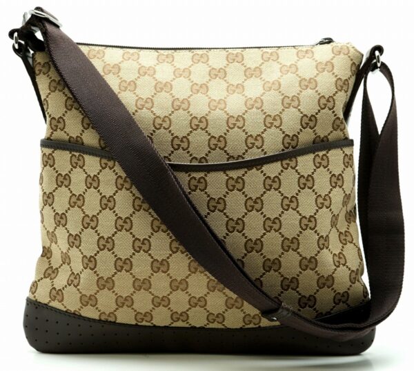 11590827 Gucci GG Canvas Punching Shoulder Bag Leather Khaki Beige Brown