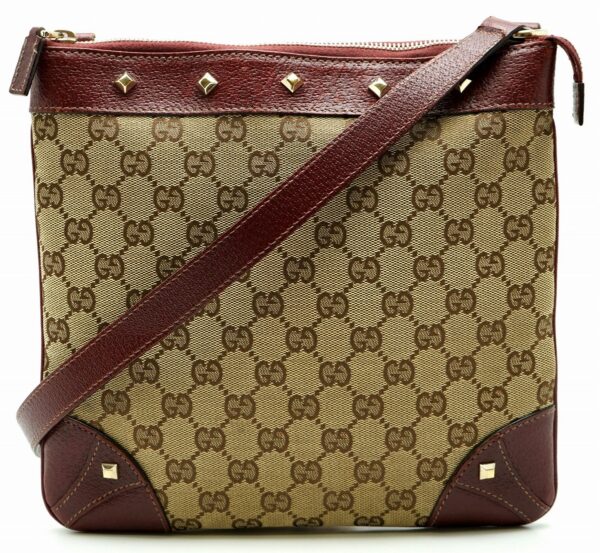 11591030 Gucci GG Canvas Shoulder Bag Diagonal Studs Khaki Beige Bordeaux