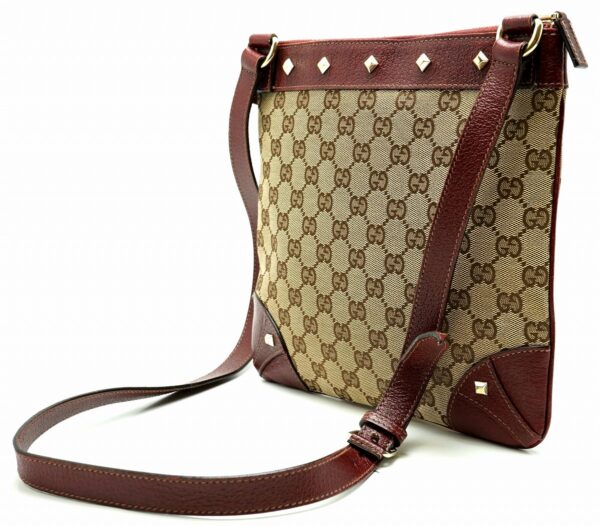 11591030 1 Gucci GG Canvas Shoulder Bag Diagonal Studs Khaki Beige Bordeaux