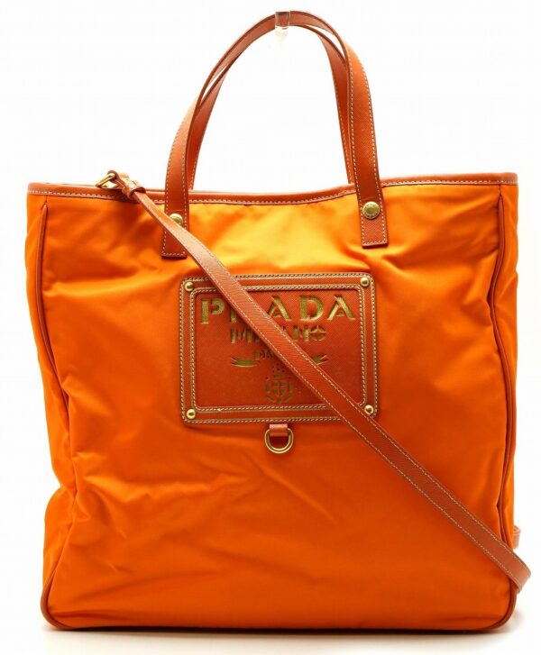 11591224 Prada Leather Nylon 2way Tote Shoulder Bag Orange