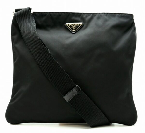 11591372 Prada Nylon Leather Gussetless Crossbody Shoulder Bag Black