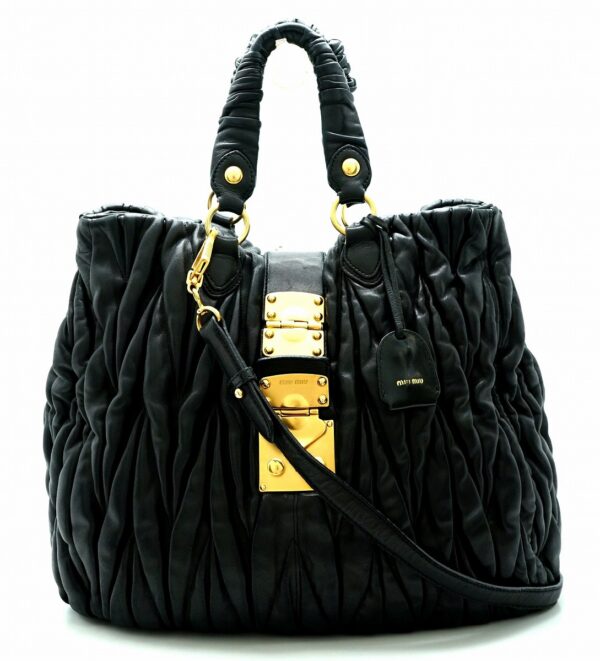 11591385 Miu Miu Matelassé 2Way Shoulder Bag Gathered Leather Black